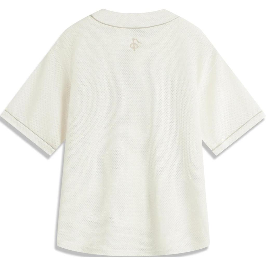 Li Ning Basketball Series Letter Single Row Button Comfortable Breathable Short Sleeve T-Shirt Men Tops Off-White AFDUA41-2