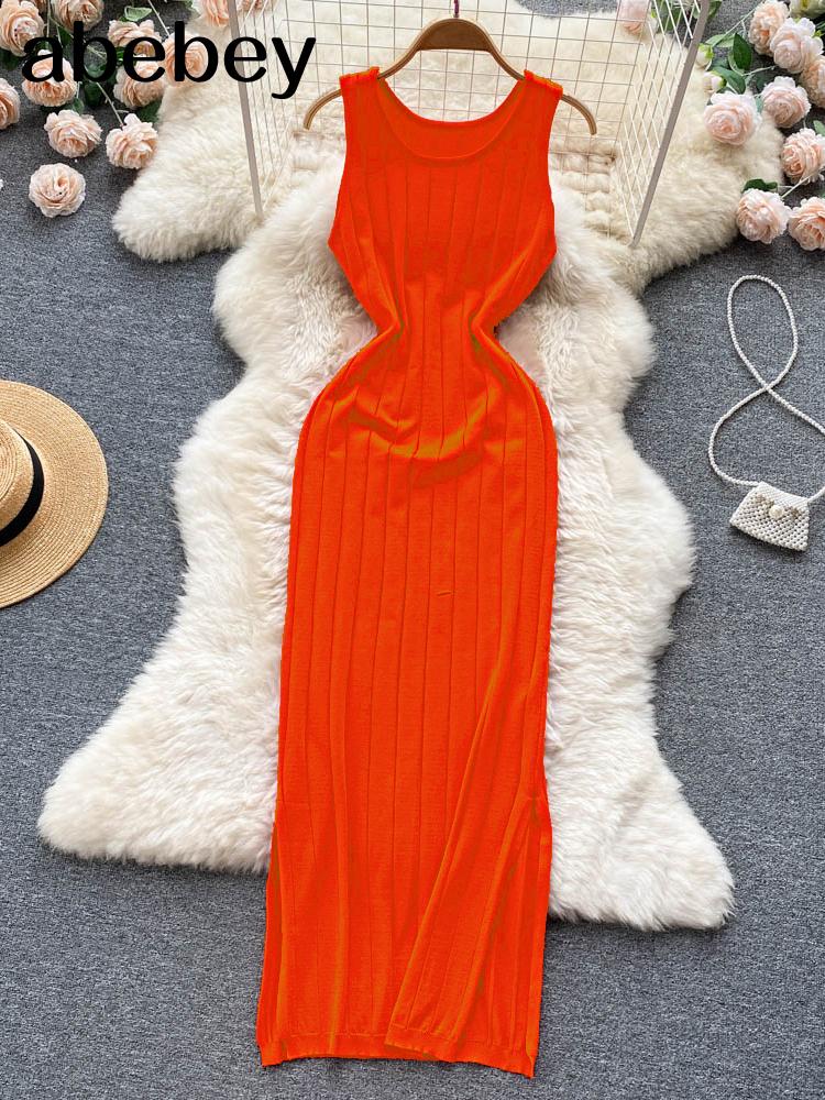 

Летнее вязаное сексуальное платье на бретелях, женское облегающее платье с эластичной талией на талии, женское пляжное длинное платье с открытой спиной и разрезом One Size