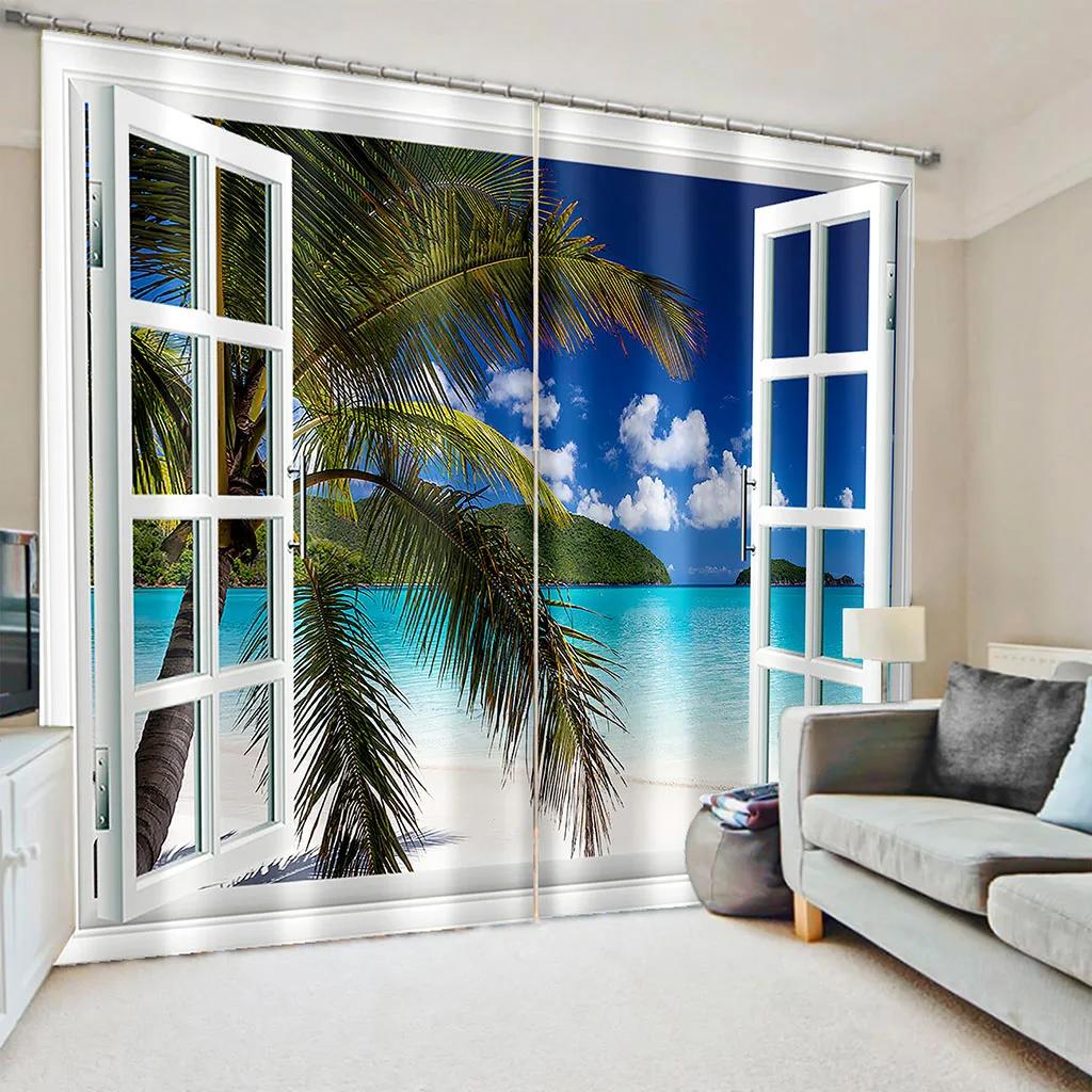 Wald Fenster 3D Natur Landschaft Strand Meer Baum Grün Vorhänge Fenstergardinen für Wohnzimmer Schlafzimmer Küche 2 Stück Dekor
