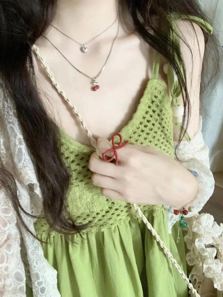 Bohemian Green Tassel Two-Piece Sleeveless Spaghetti Strap Summer Babydoll Mini Dress for Women