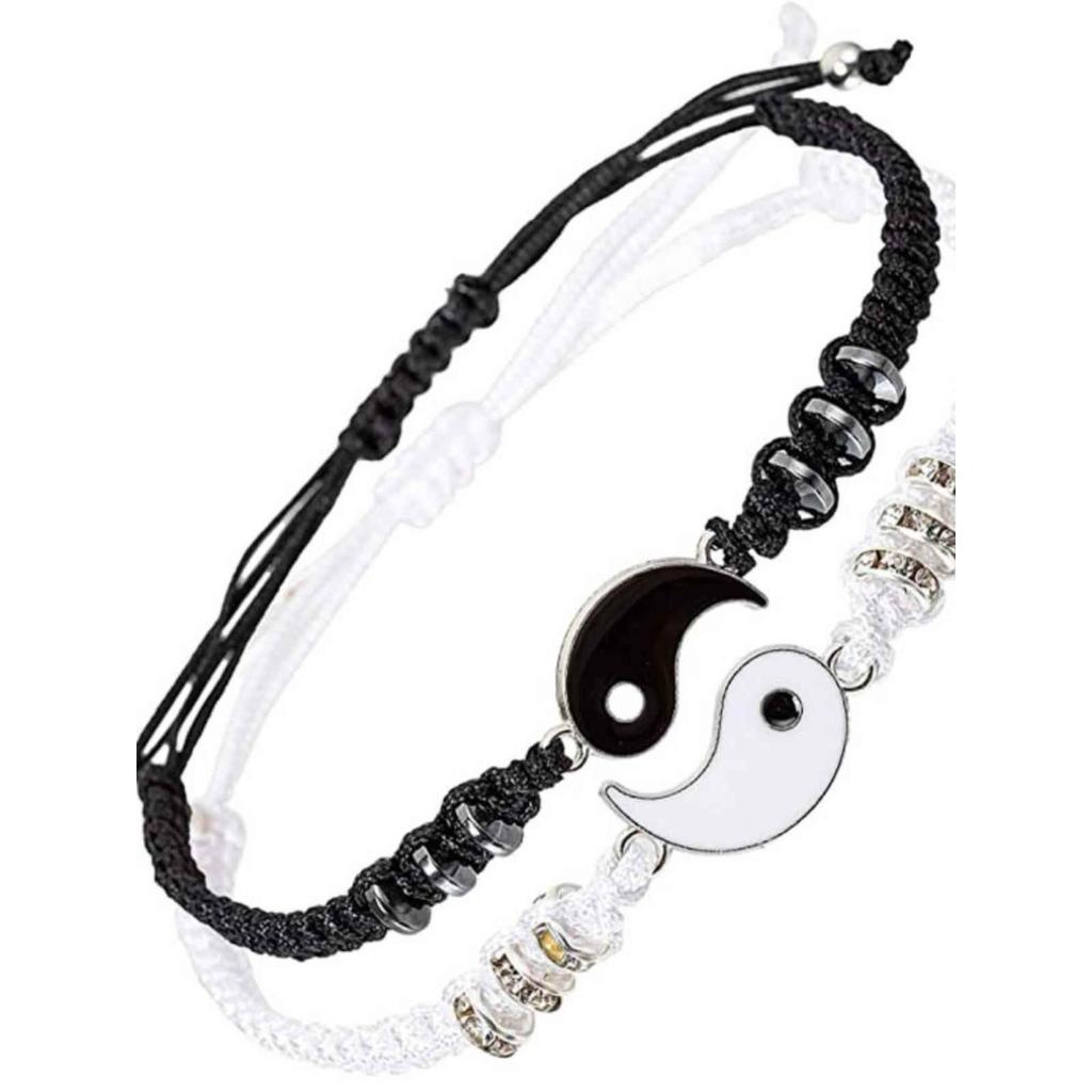 2pcs Jewelry Set Couple Black White Tai Chi Bracelet Rope Adjustable Chain Set Simple Style Daily Wear Jewelry