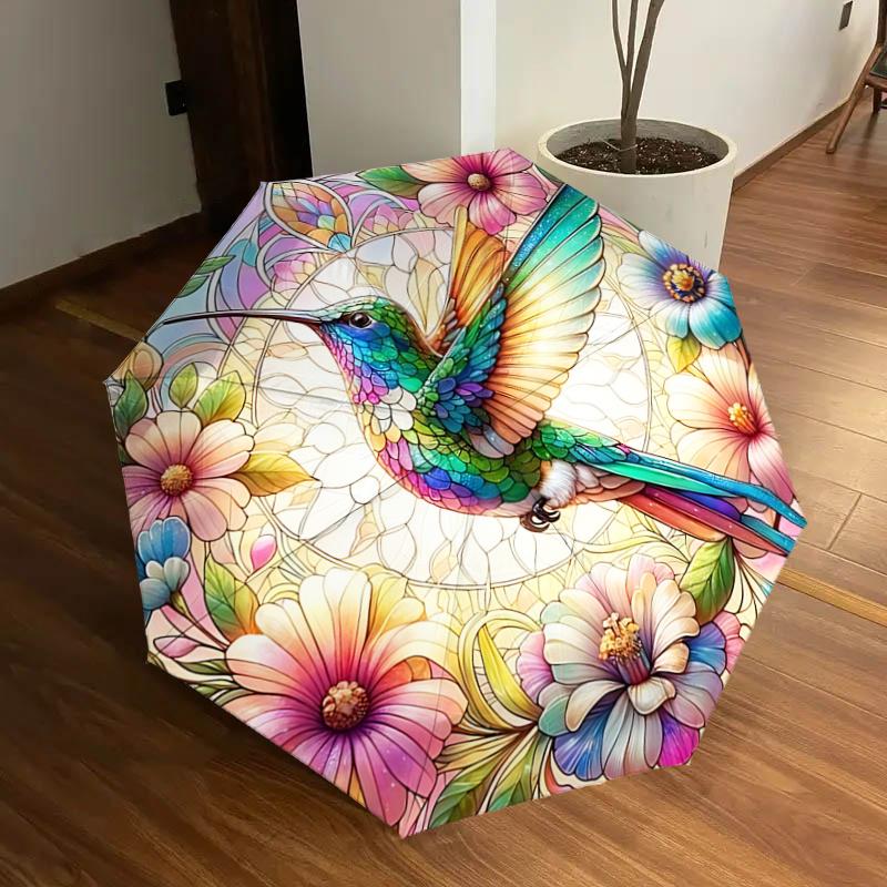 

Stained Hummingbird Floral Pattern Automatic Folding Umbrella - Portable 3-Fold Design with Iron Frame, Perfect for Outdoor Use, Festive Gif
