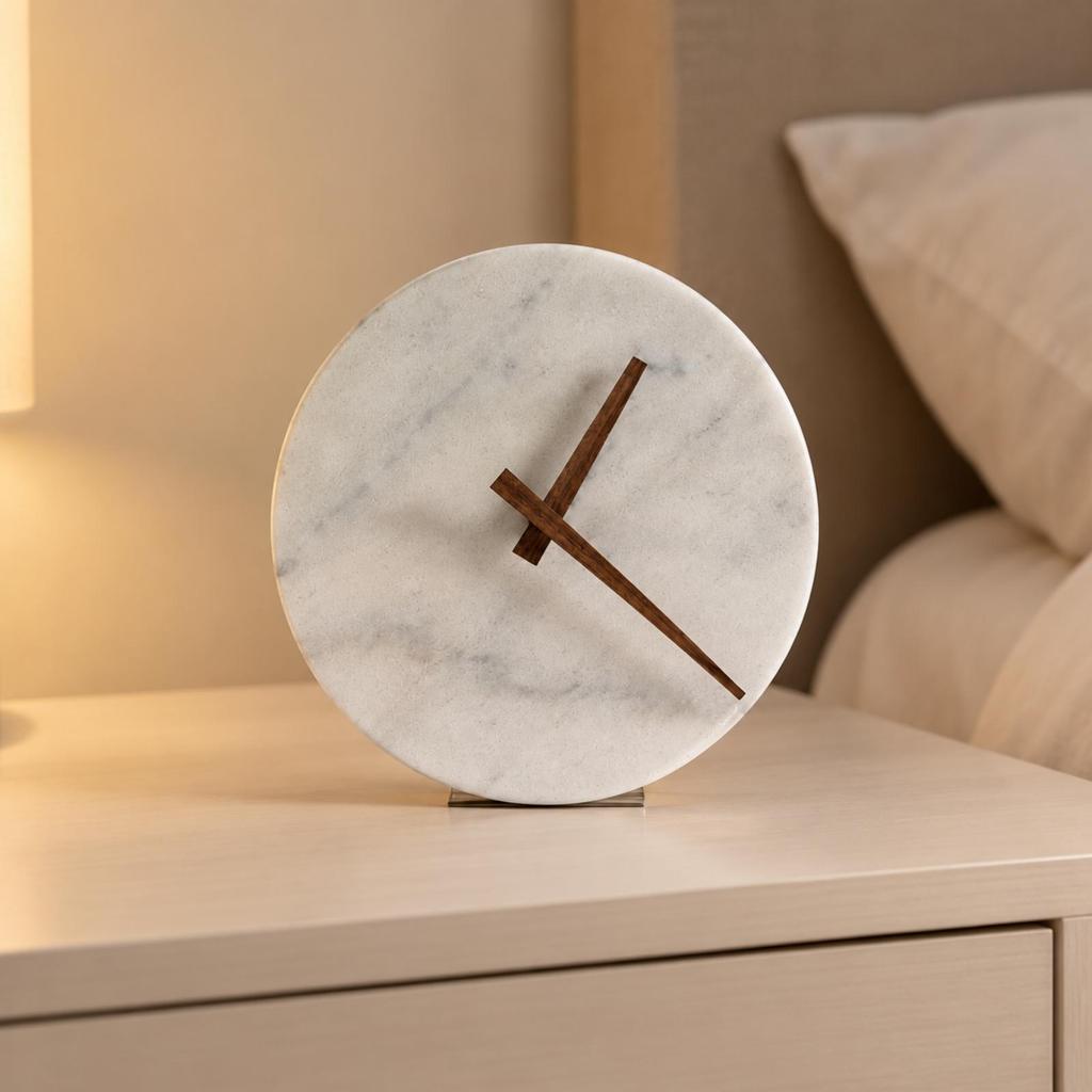Decorative Table Clock Compact Round Marble Face Small Timepiece for