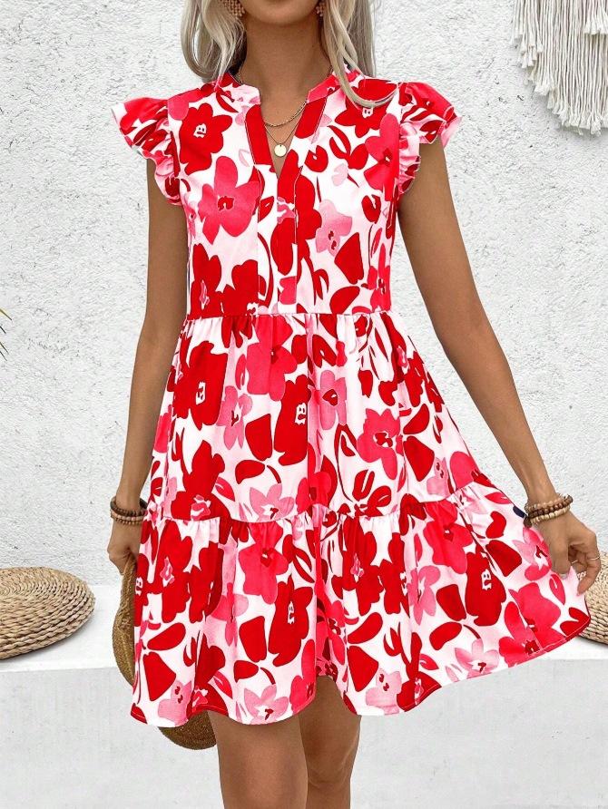 

Women s Floral Print V-Neck Ruffled Sleeveless Summer Dress with Layered Hem - Multi Color Options XXL