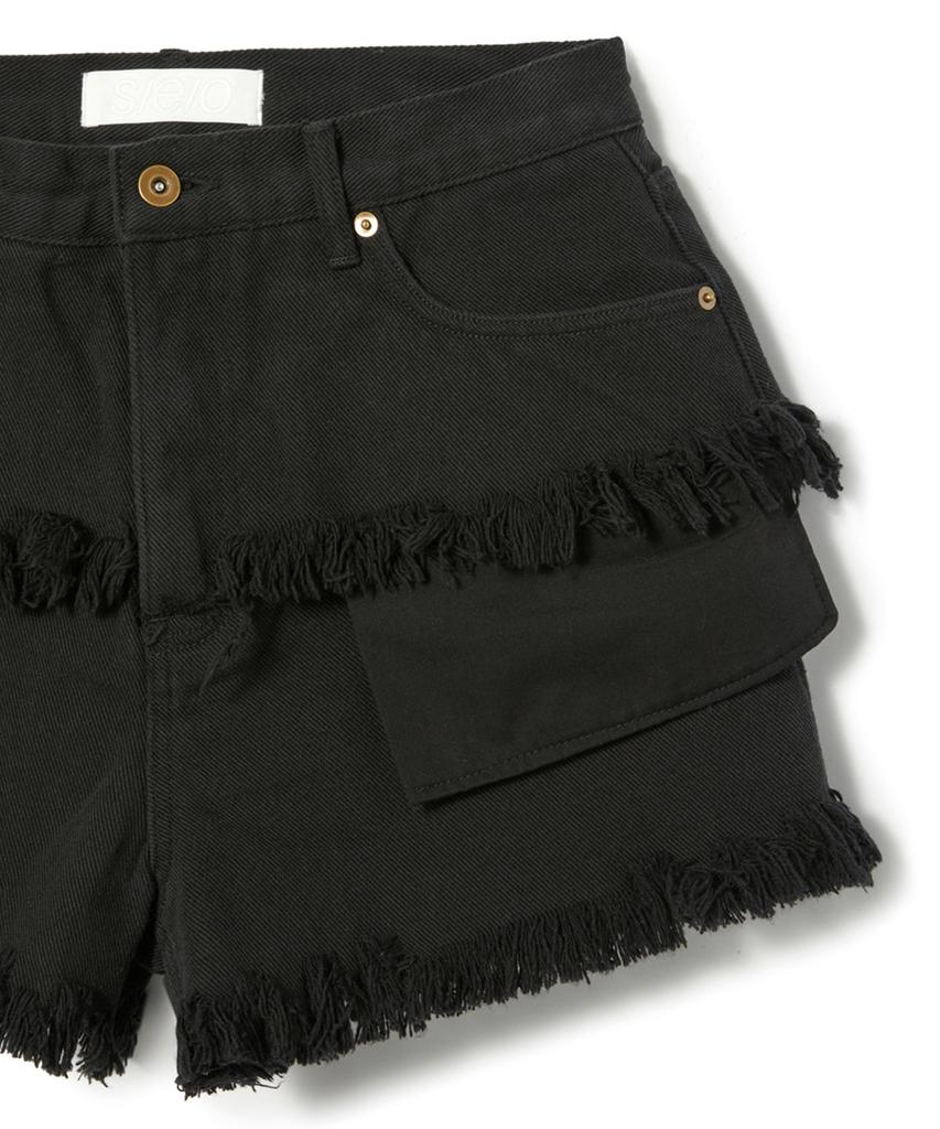 SIO Exposed Pocket Layered Denim Shorts_Black
