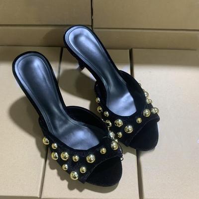Fashion New Designer Large-sized Rivet Slippers for Export, Women's Outerwear Round Toe Exposed One-shoulder High Heels