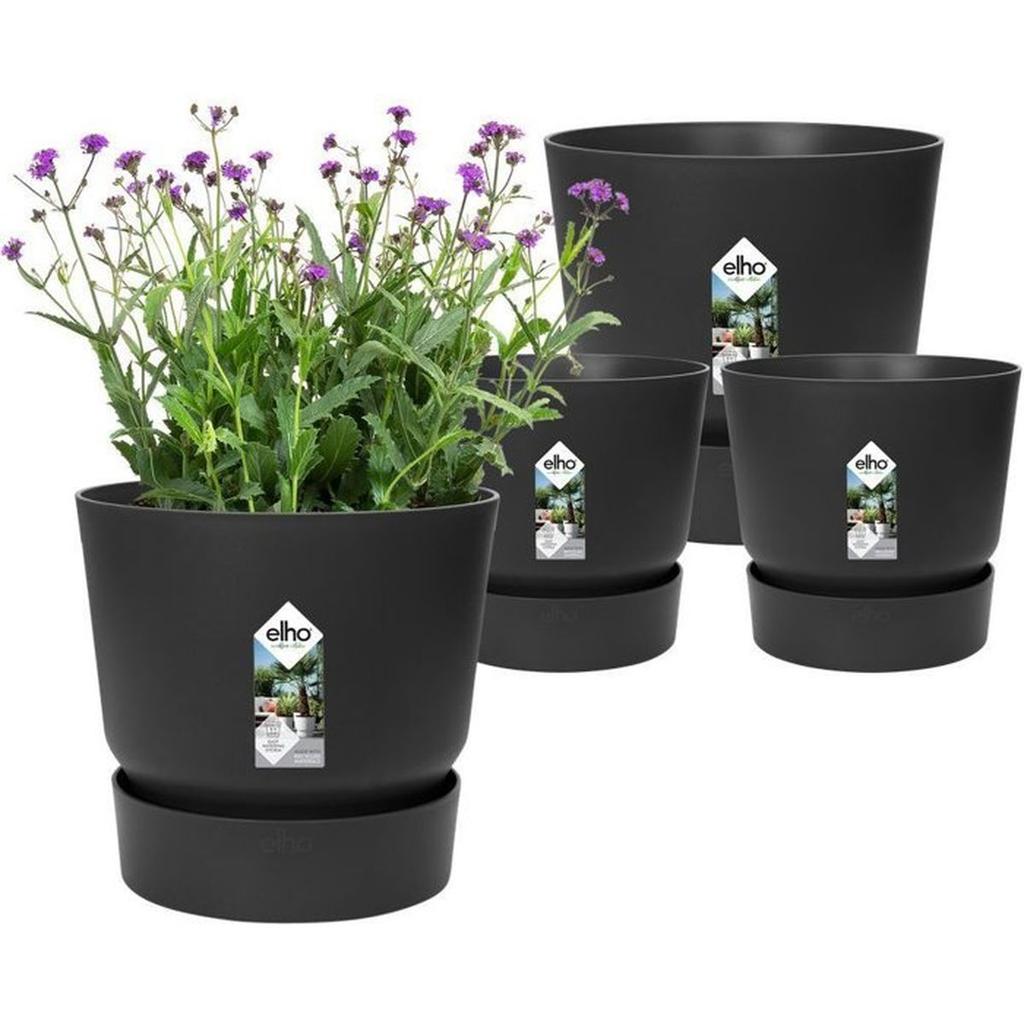 ELHO Lot de 2 pots de fleurs rond Greenville - Ø14xH13,4 cm et Ø16xH15,3 cm - 7 L - Noir