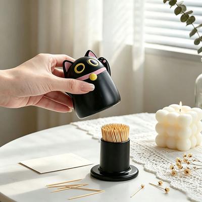 Porta Stuzzicadenti Gatto della Fortuna Nero Grande Capacità Antipolvere Scatola Contenitore per Stuzzicadenti con Coperchio Dispenser per Stuzzicadenti da Cucina Contenitore con Coperchio