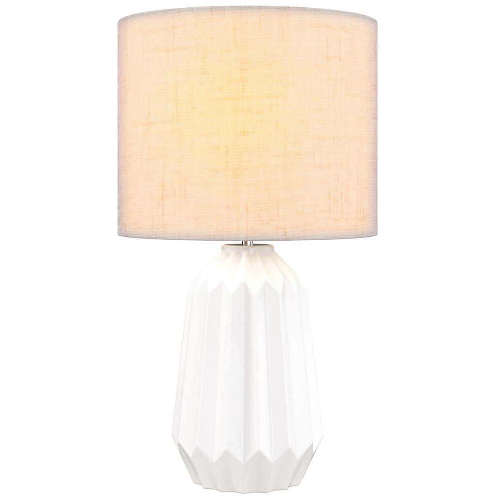 Table Lamp, Ceramic Base, Linen Shade, Switch, E27 Socket, White and Beige