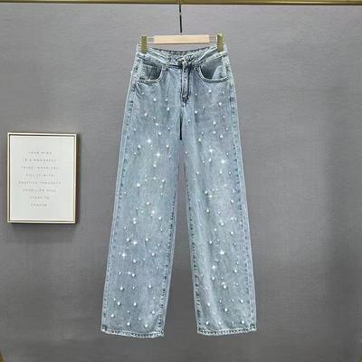 Women's Jeans Pants Beading High Waist Casual Straight Pants for Women Streetwear Elegant Splice Denim Female Trousers
