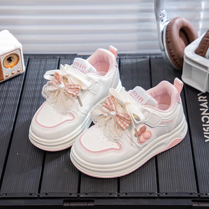 2026 Spring Girls' White Sports Shoes with Bow Knot - Trendy Casual Sneakers for Kids and Teens