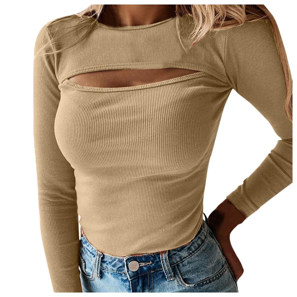 Women Tshirt Hollow Out Solid Long Sleeve Knitted Tee Tops Casual Slim O Neck Fashion T Shirt Plus Size