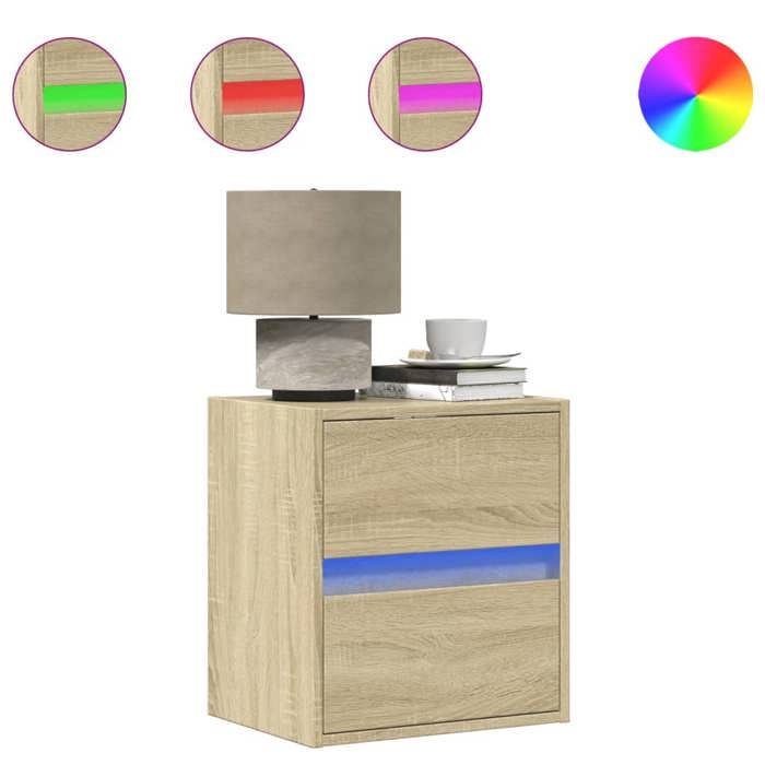 VidaXL Wall-mounted Bedside Tables with LED Lights 2 Pcs Sonoma Oak, Floating Bedside Table, Phone Holder, 3307966
