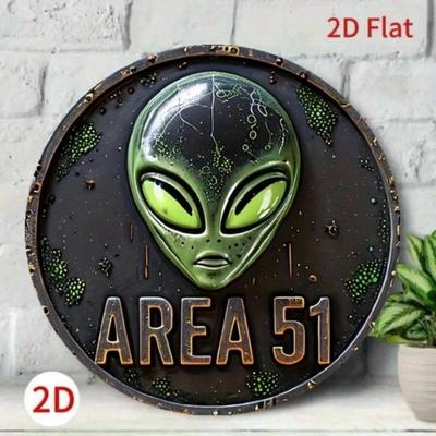 UFO Kosmita Sztuka Metalowy Wystrój Ścienny Vintage Strefa 51 Angielski Znak 2D Płaski 7,87x7,87 Cal