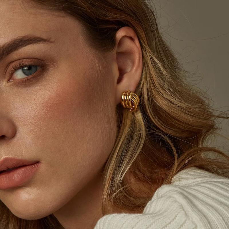 Fashion Glossy Three-Layer Textured Intersecting Knot Earrings for Women Gold Color Stainless Steel Earring Vintage Jewelry Gift