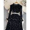 Fall and Winter Socialite Horn Long Sleeves Diamond Velvet Dress