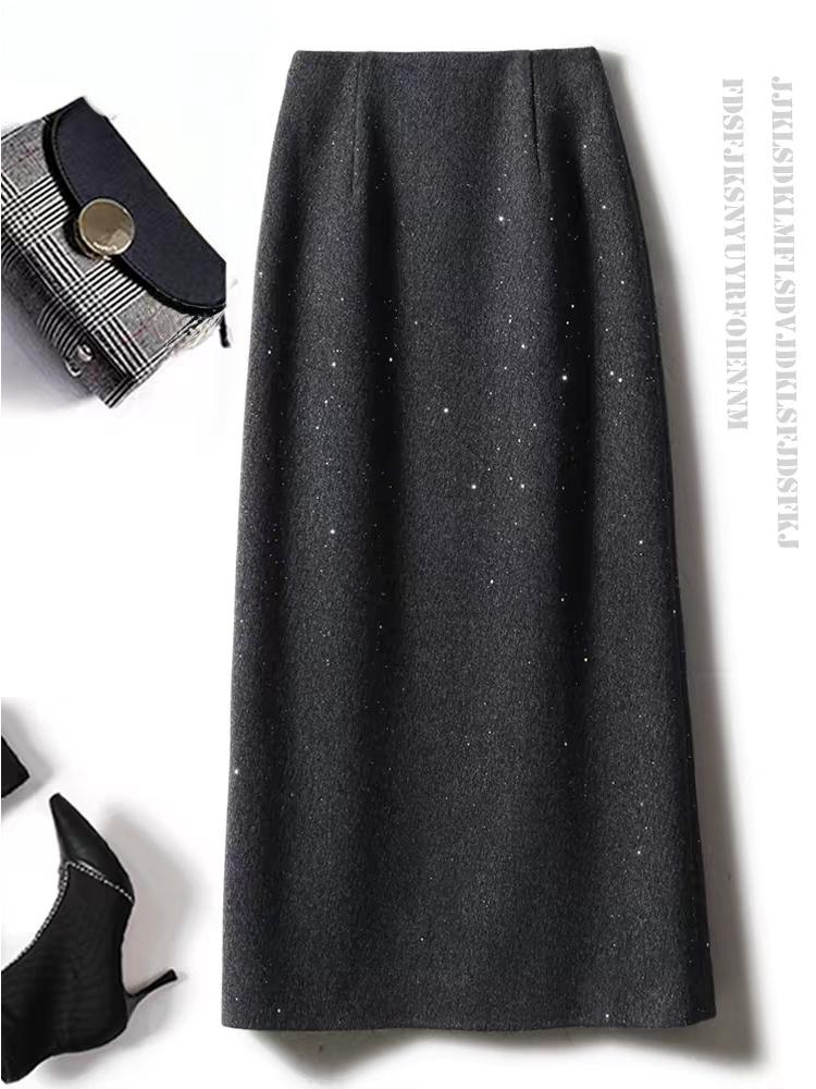 Women's High Waist Wool-Blend Sequined A-line Skirt - Autumn/Winter Slimming Bodycon with Slit