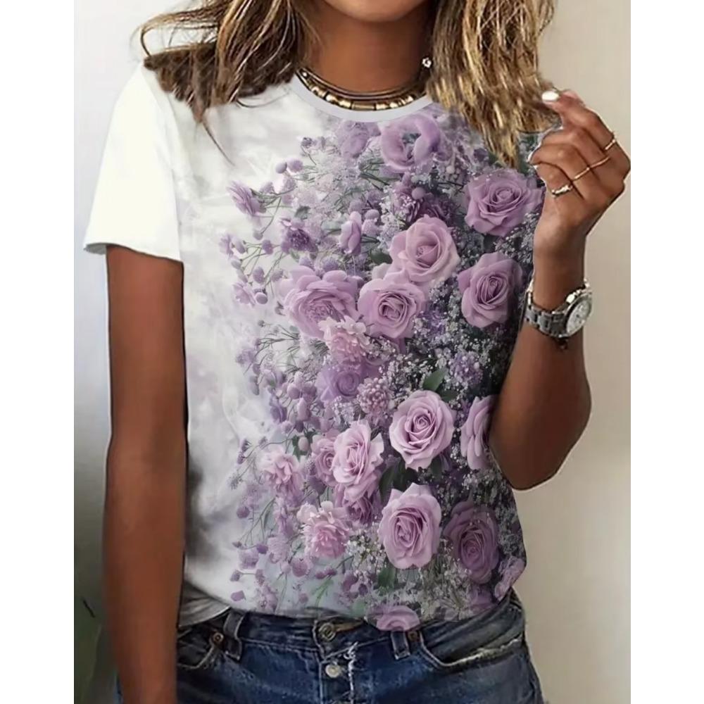 Summer Women's Casual Outdoor Round Neck Short Sleeve Tops Purple Flower Printed Style OverSize Fashion