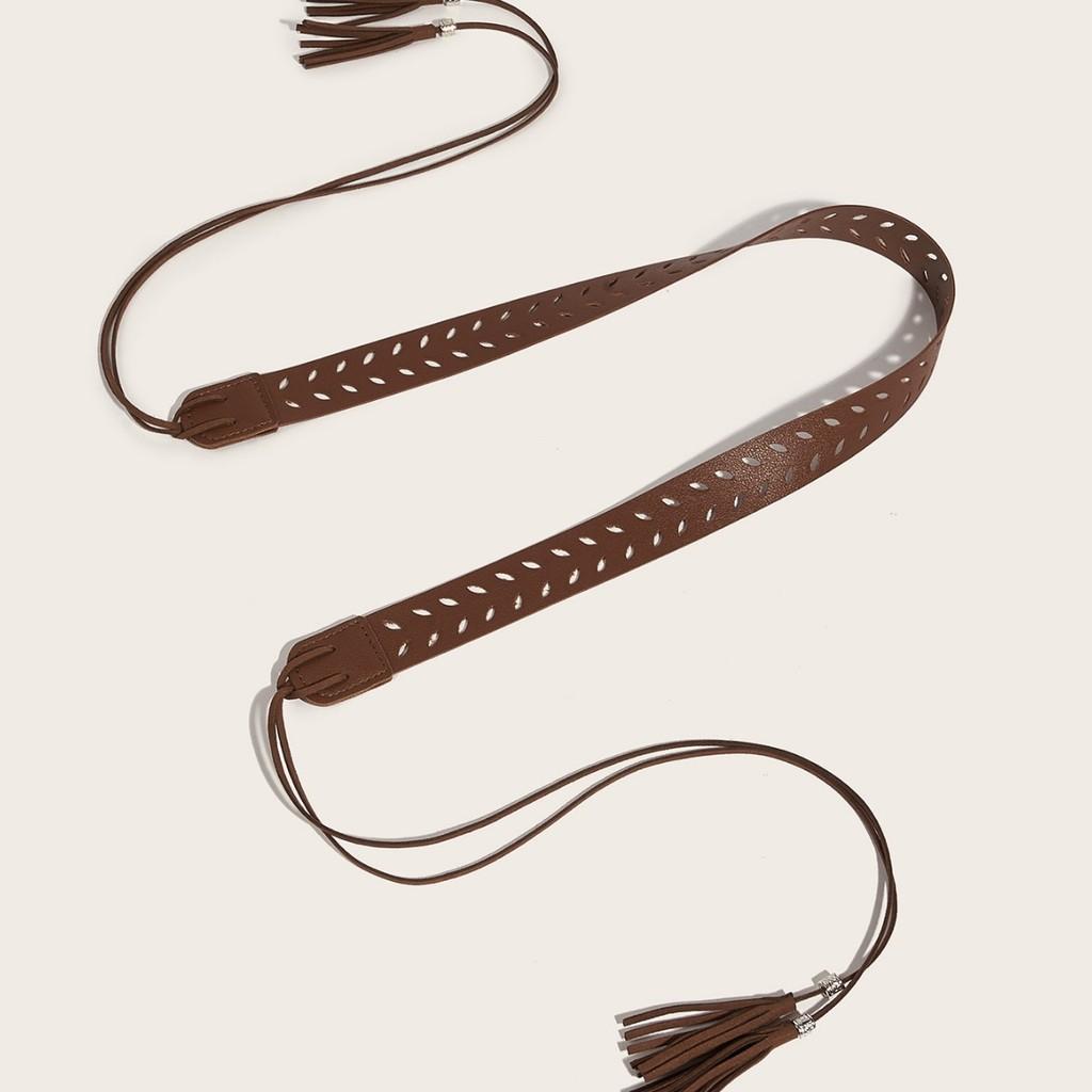 Vintage Street Style Pu Leather Belt For Women With Tassel And Metal Buckle