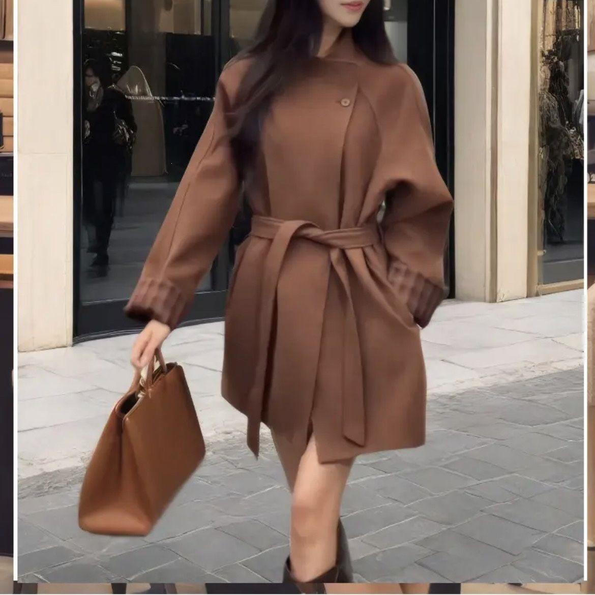 

Women s Korean Style Plaid Wool Trench Coat - Color Block Patchwork, Loose Slimming Fit, Spring/Autumn Outerwear. L 55-65 kg