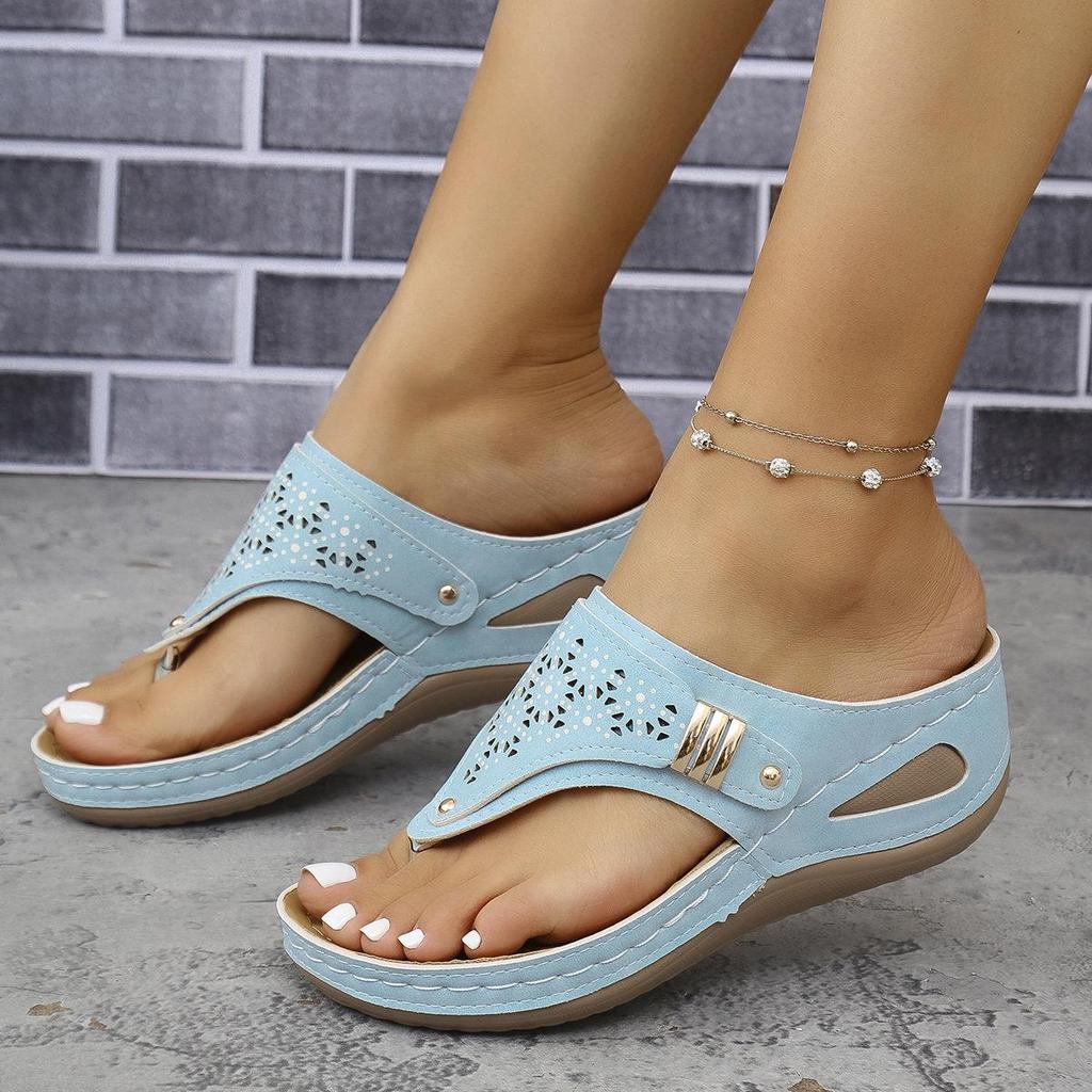 2025 Summer Plus Size Round Toe Thick Sole Hollow Out Thong Sandals for Women