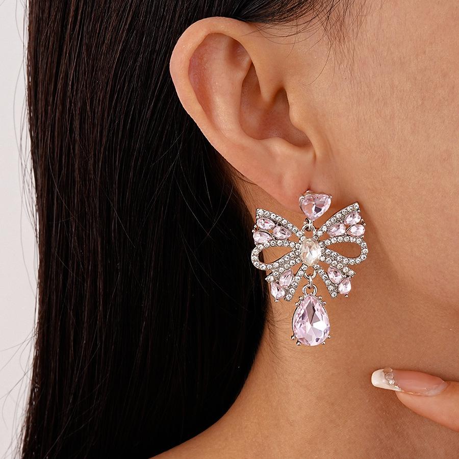 Sophisticated Diamond Bow Teardrop Tassel Earrings – Elegant Silver Needle Jewelry for Women