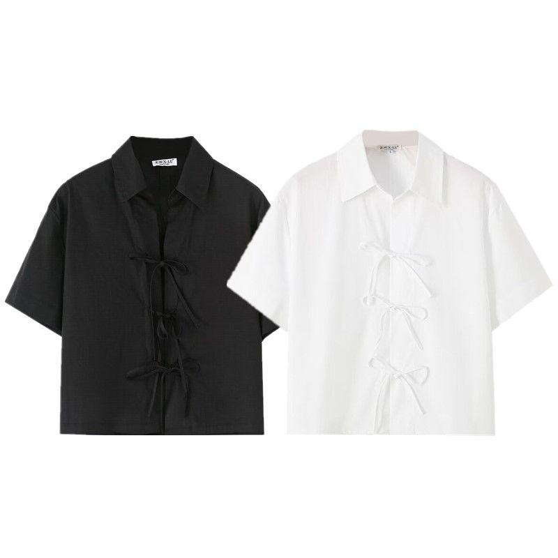 Fashion Style 2024 Autumn New Women's Cotton White Short Sleeve Lapel French Shirt 8181002