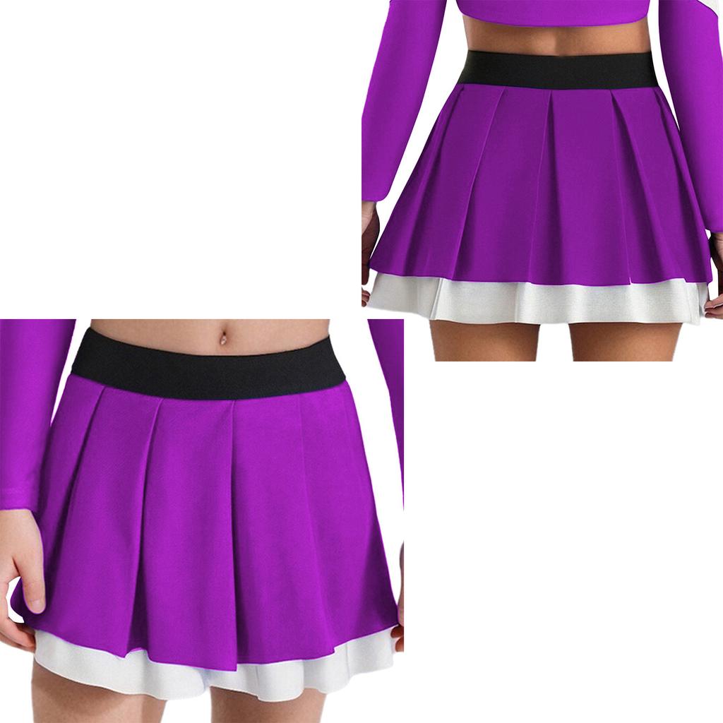 Girls Cheerleading Dance Performance Skirt: Contrast Color Elastic Waistband Two Layers Pleated Skirt for Competition