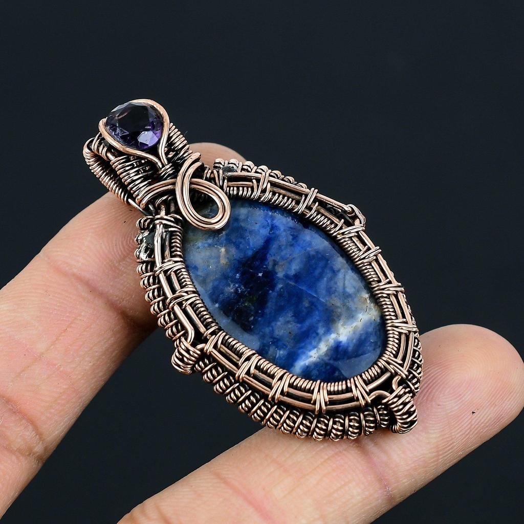 Beautiful Sodalite & Amethyst Gemstone Handmade Pure Copper Wire Wrapped Pendant Jewelry
