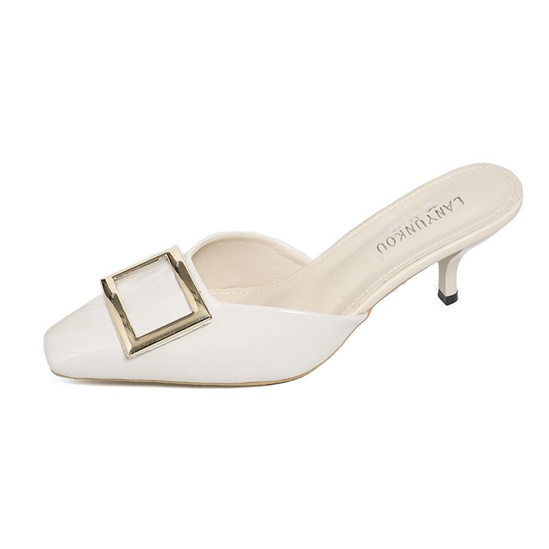French 2025 Spring Foreign Trade New Square Buckle Sandals Bag Head Half Slippers High Heels Satin Square Head High Heels Women's Shoes