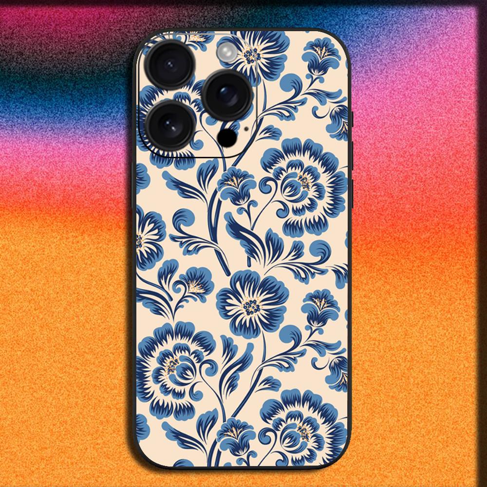 Blue and White Porcelain Phone Case For iPhone 16,15,14,13,12,11,Pro,XS,Max,XR,Plus,E,Mini Soft Black Cover