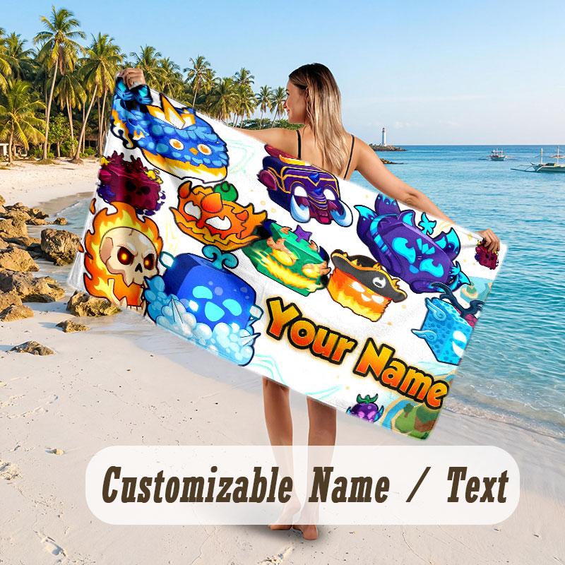 Personalized Beach Towel,Blox Fruits Custom Printed Name Text, Super Absorbent Towel For Beach Vacation