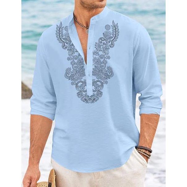 Herren Baumwollmischung Kurzer Kurta mit langen Ärmeln und ethnischem Halsausschnittdesign | Lässiger Knitterstruktur-Kurta mit Stehkragen