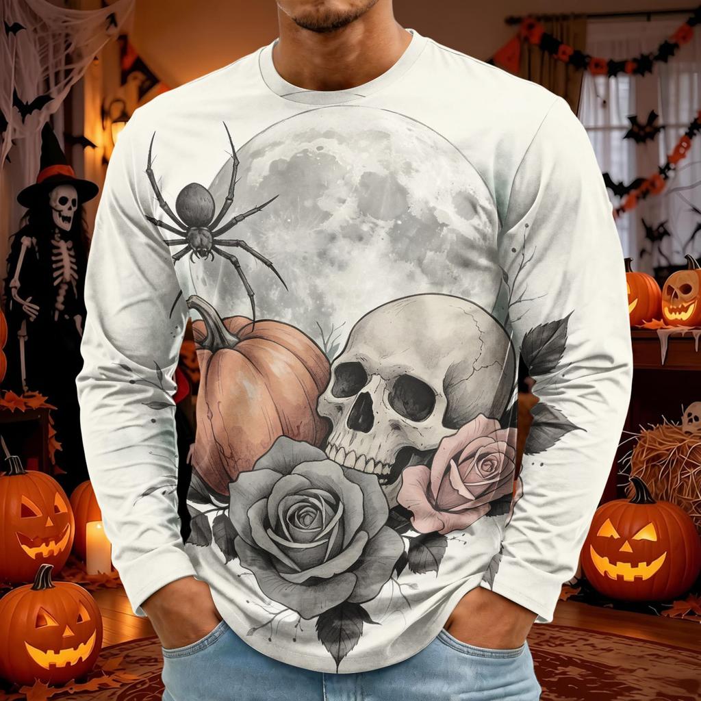 Men's Halloween Print Long Sleeve Tee Neck Fashion Top