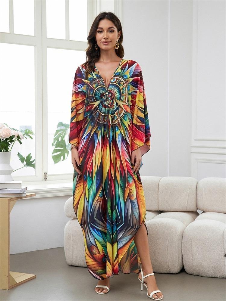 Women Plus Size Kaftan Dress Bohemian Printed Beach Swim Suit Summer Long Homewear Colorful Outfit