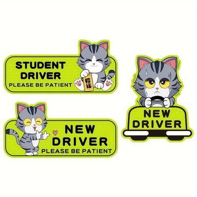3 pièces Chatons Mignons Débutant Conducteur Stagiaire Autocollants de Voiture, Ensemble de 3 Autocollants Magnétiques Réfléchissants, Autocollants d'Avertissement de Sécurité