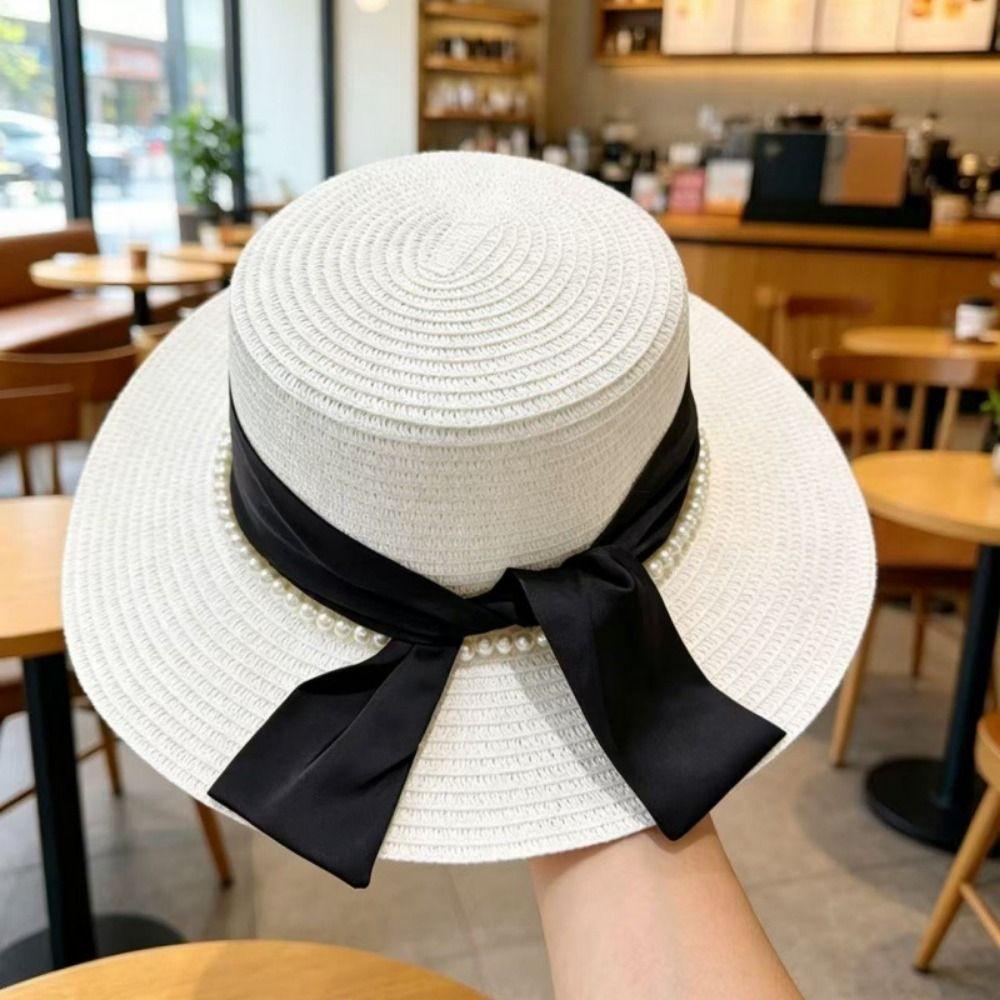 Beads Chain Straw Hat Silk Bow Beach Hat French Sun Visor Hat Travel Vacation