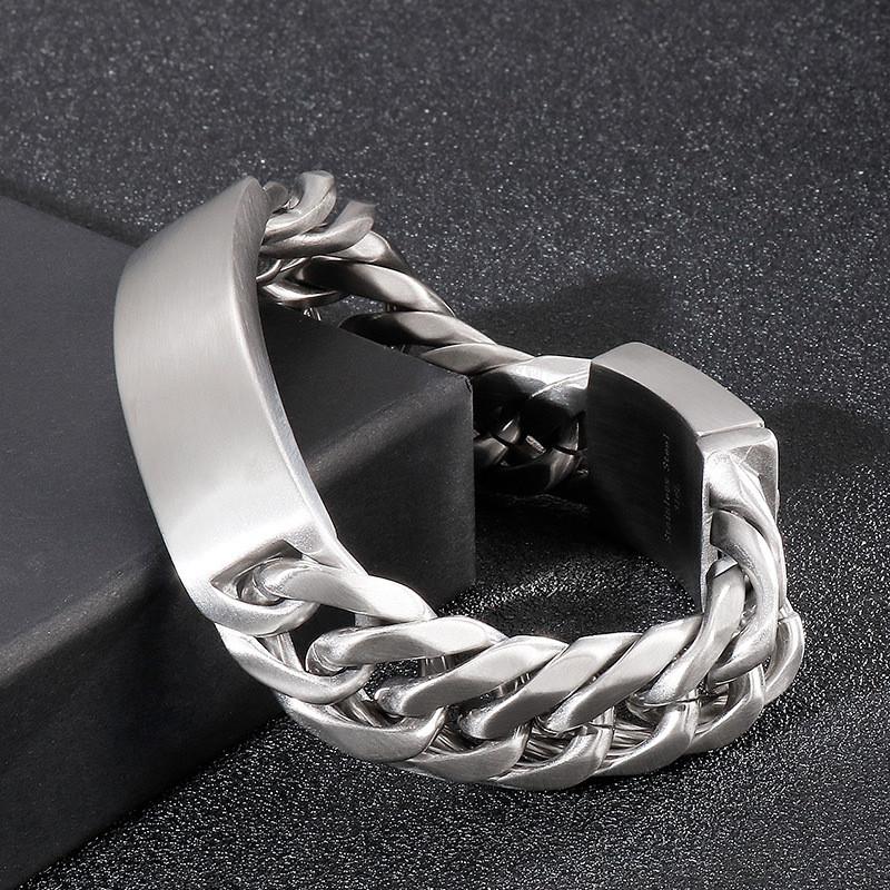 Mens Stainless Steel Large Link Chain Bracelet with Custom Logo Plate Matt Finish 16mm Wide Engraving Name Bar Bracelets