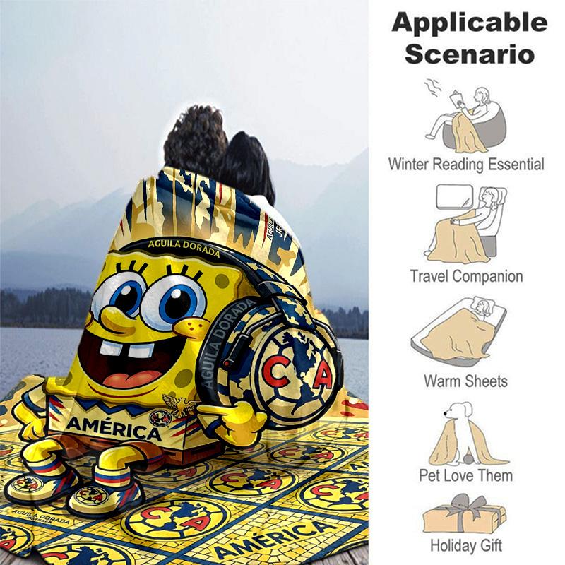 1pc Spongebob Headphones Shield Flannel Blanket Soft Warm Throw Blanket for Bedroom Living Room Bed Travel Camping Picnic Gift. MT71601194