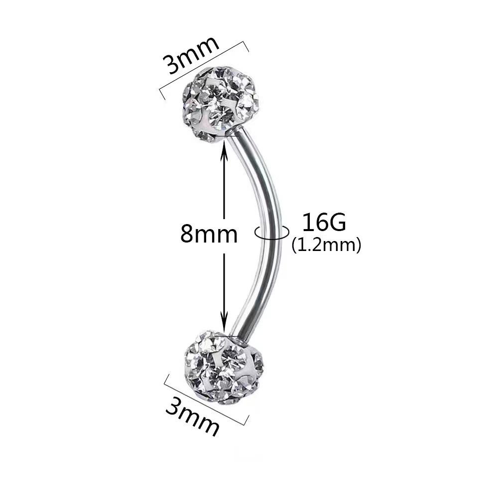 Multi-Color Eyebrow Stud Ring with Rhinestone & Polymer Clay Ball, 3MM