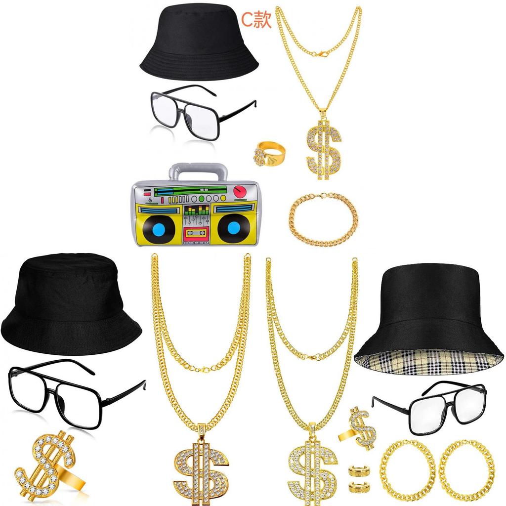 Hip Hop Gold Coin Necklace Ring Hat Glasses Set For Men Women Cosplay Style
