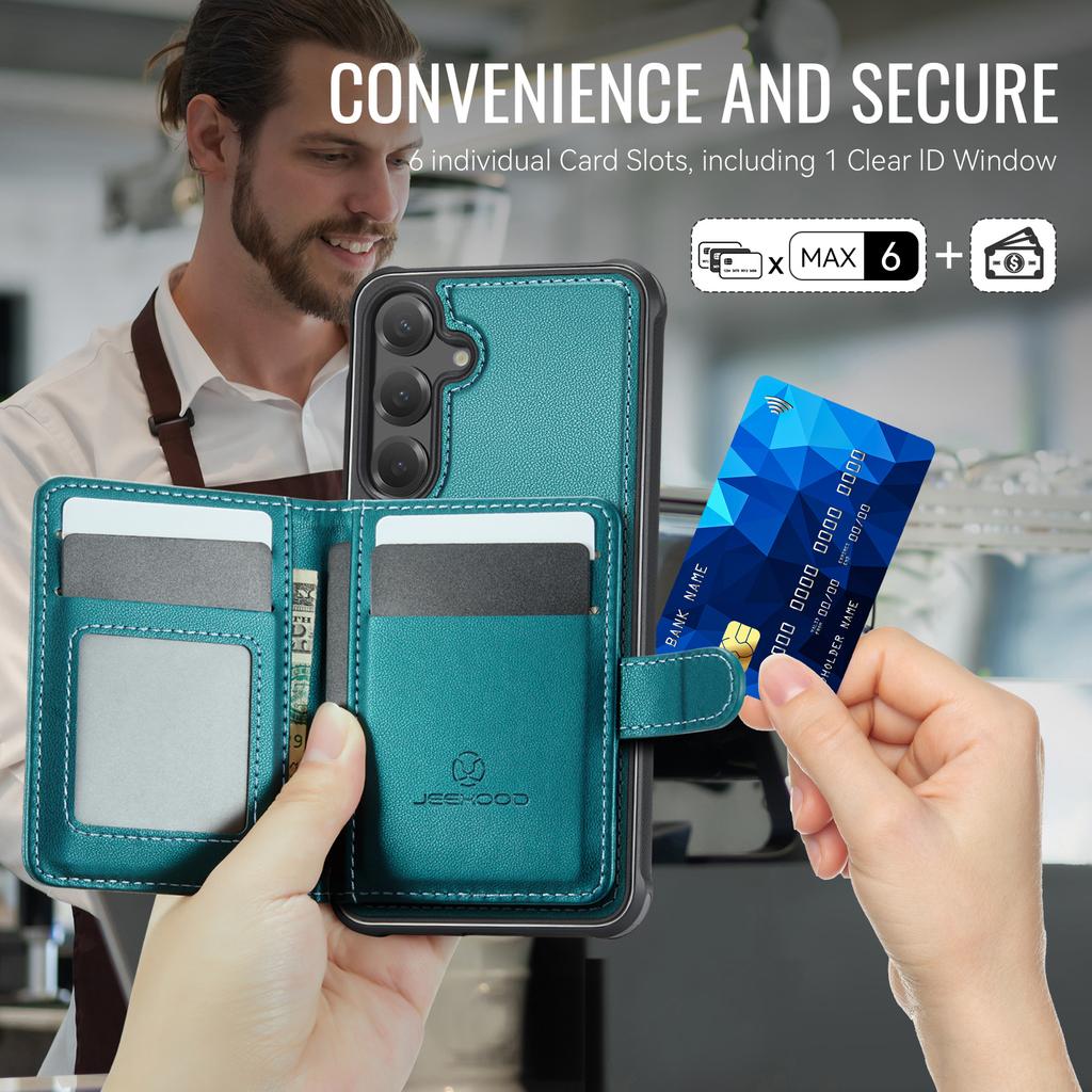 For Samsung Galaxy S25 FE Case JEEHOOD J09 RFID Blocking Card Holder Leather Back Phone Cover Magnetic Case