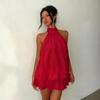 Abito da Donna Corto a Svasatura in Chiffon Casual Senza Maniche ad Collo Alto Mini Abiti da Festa