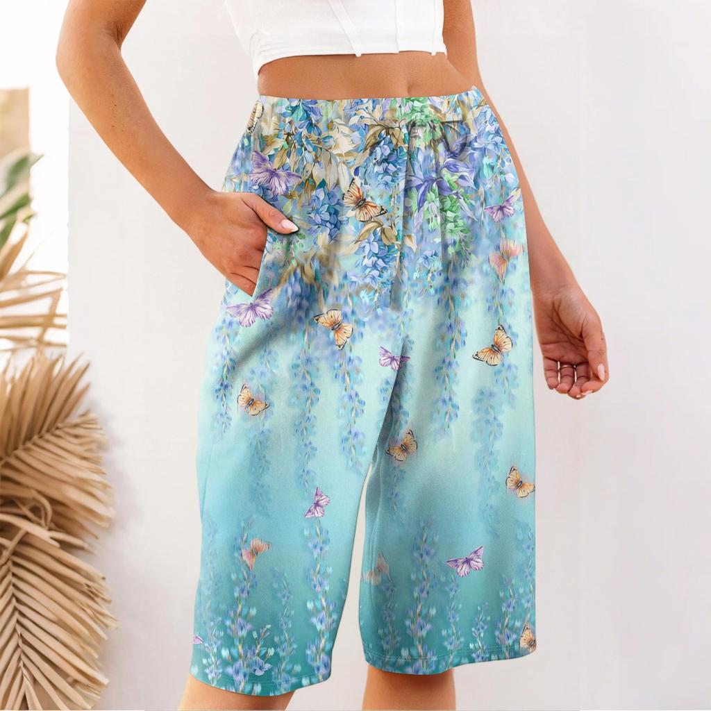 Women's Summer Fashion Retro Floral Polka Dot Print Knee Length Lightweight Elastic Waist Casual Pocket Shorts