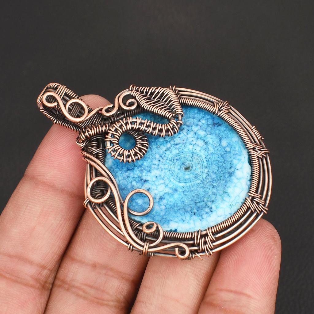 Handmade Copper Wire Wrapped Pendant Natural Blue Solar Quartz Stone Necklace Unique Boho Jewelry for Women