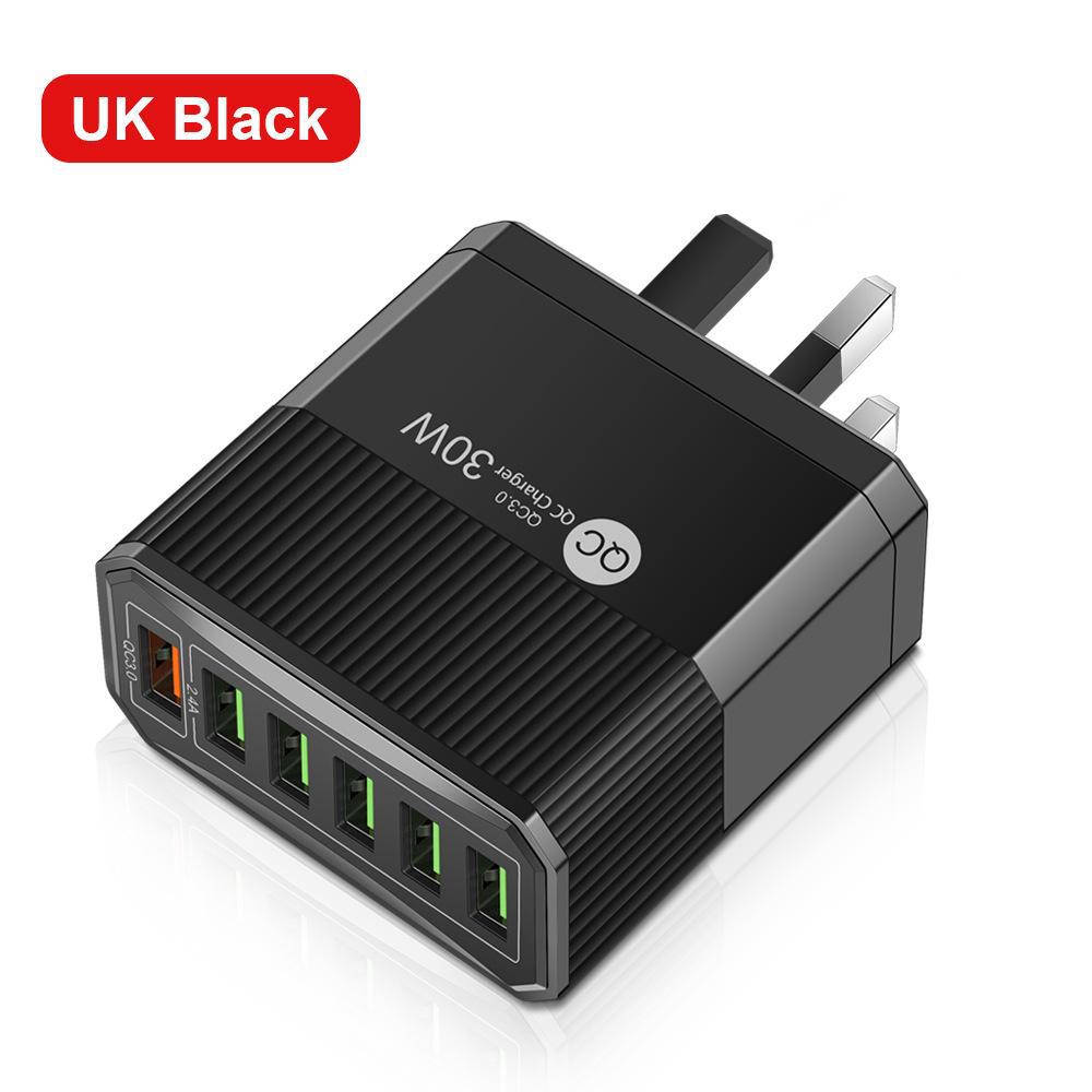 30W 6-Port QC3.0 Multi-Plug Fast Charger for EU, US, UK, & Korea