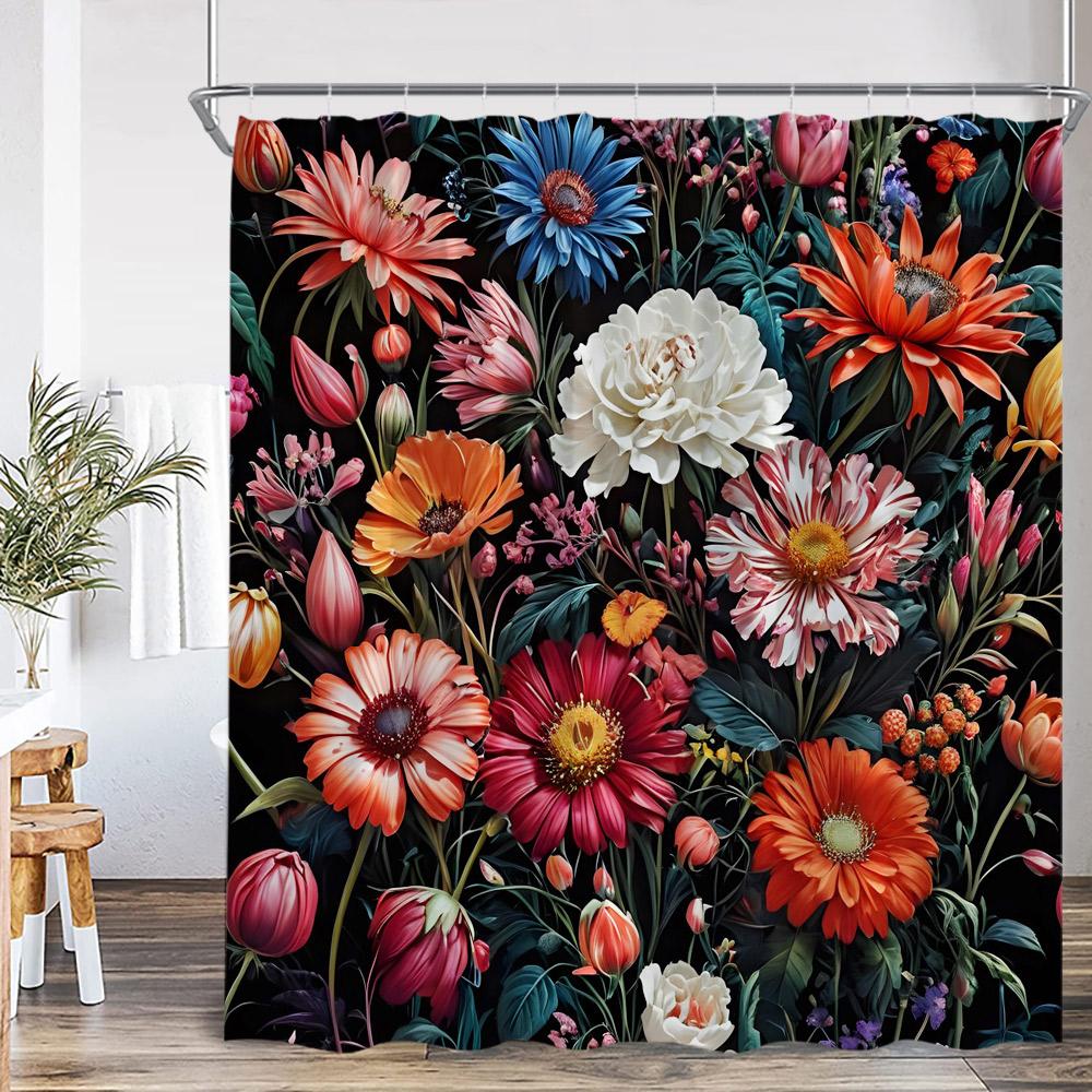 Vintage Floral Shower Curtain Colorful Flower Blossom Plant Green Leaf Dark Bathroom Decoration Polyester Bath Curtain with Hook