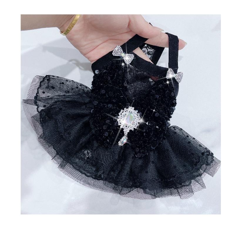Black Red Gothic Pet Halter Dress Shiny Sequins Bling Crystal Brooch Double Bows Lace Ruffle Mesh Princess Sundress Pet Clothes
