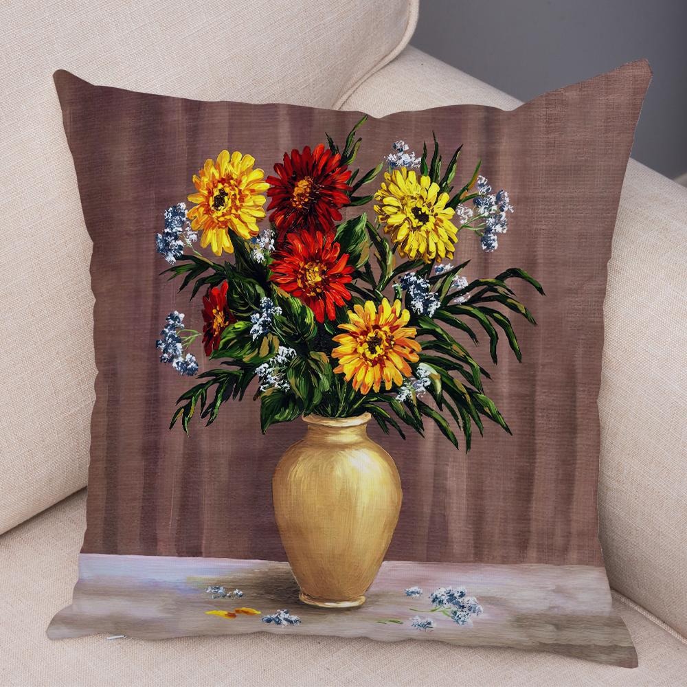 Retro Flower Vase Still Life Art Cushion Cover Double Sided Soft Polyester Home Decor Pillow Case