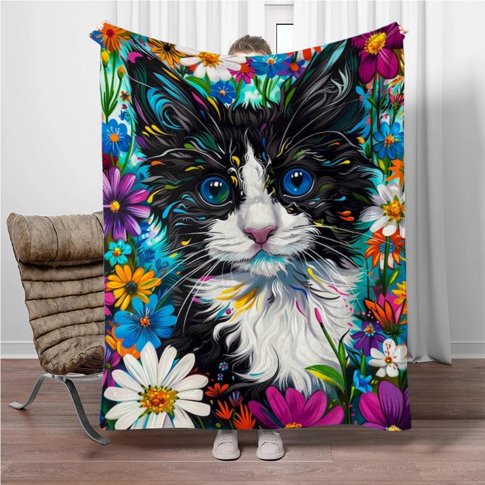 8 Size Colorful Cat Flannel Throw Blanket,Soft Throw Blanket for Home Bedroom Bed Sofa Picnic Travel Office Cover Child Gift